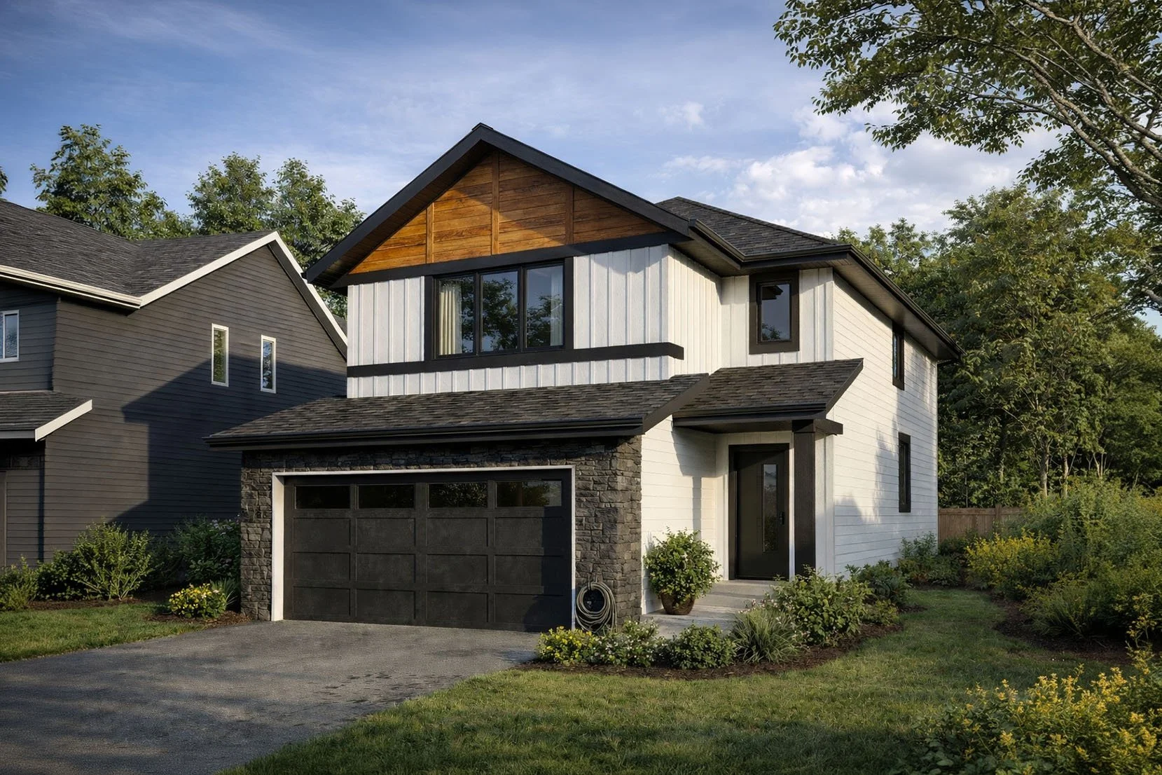 Modern two-story house with white siding, black trim, and a stone garage facade, surrounded by a green lawn and trees.