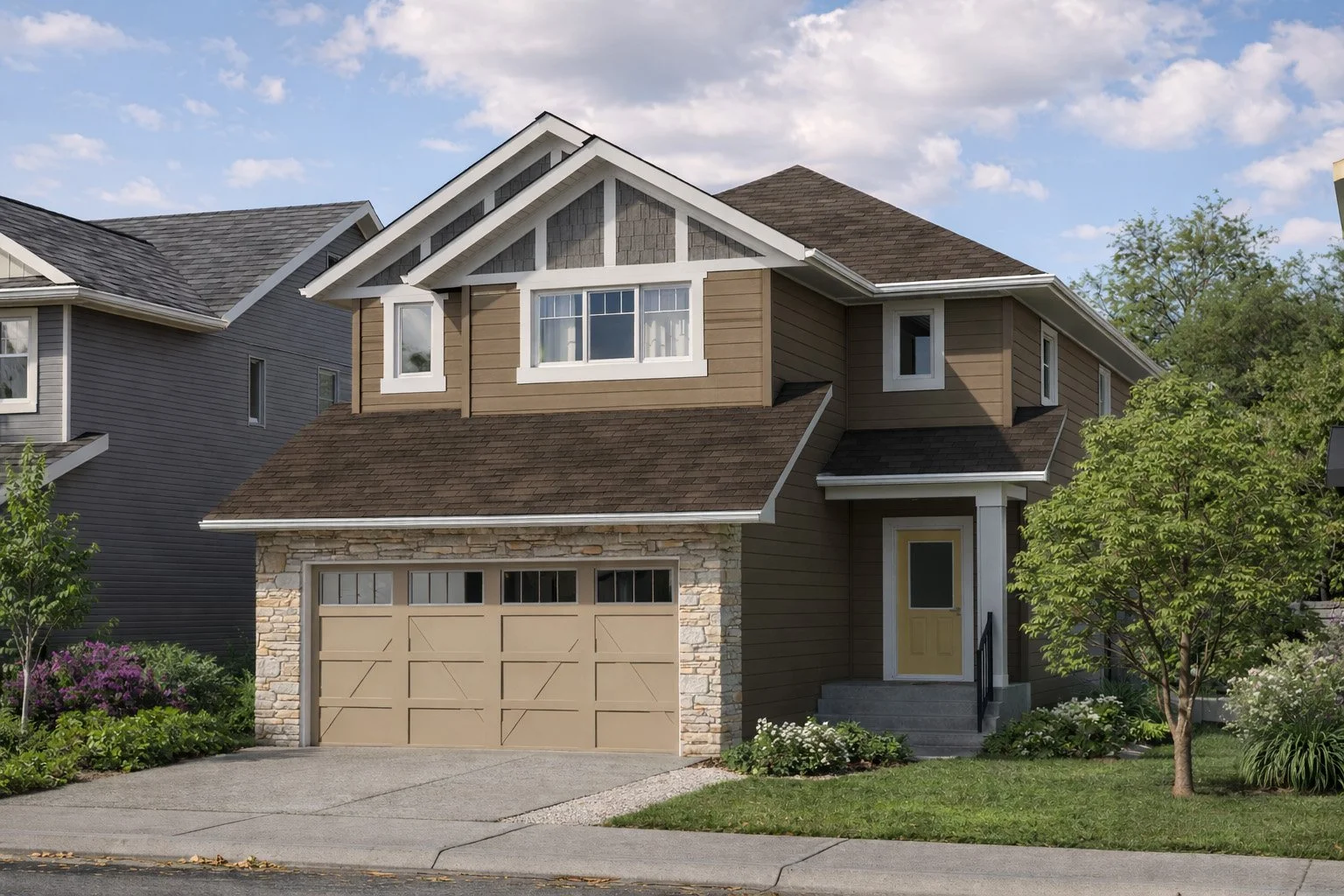 A two-story suburban house with beige siding, stone accents, a brown roof, a garage door, and a front porch with a yellow door, surrounded by greenery and trees.