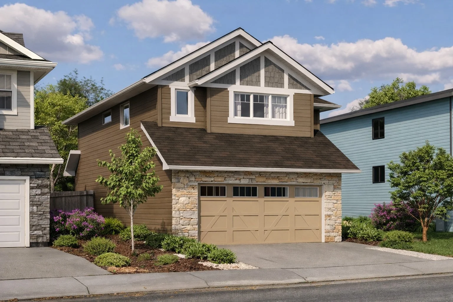 Two-story house with brown siding, stone accents, and a beige garage door, surrounded by trees and colorful bushes, under a blue sky with clouds.