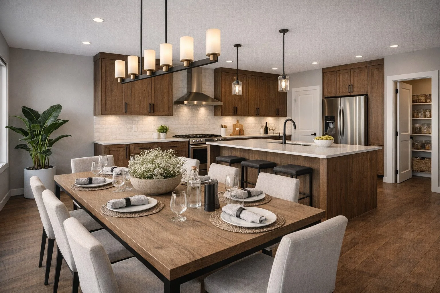 Modern kitchen and dining area with wooden cabinets, white countertop island, stainless steel refrigerator, and a wooden dining table set with six chairs, table settings, and a large potted plant.