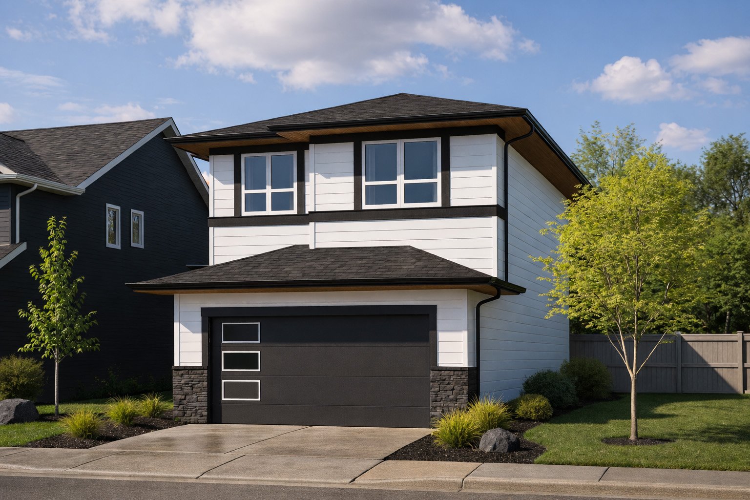 Front view of a modern two-story house with a black garage door, white siding, black trim, and a small front yard with trees and shrubs under a partly cloudy sky.