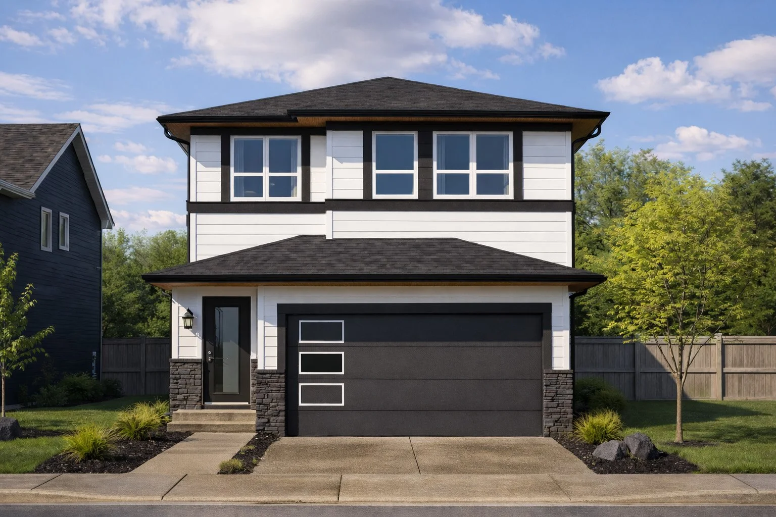 Modern two-story house with black and white exterior, black garage door with three rectangular windows, front porch with steps, small landscaped yard, young tree, and neighboring house to the left.
