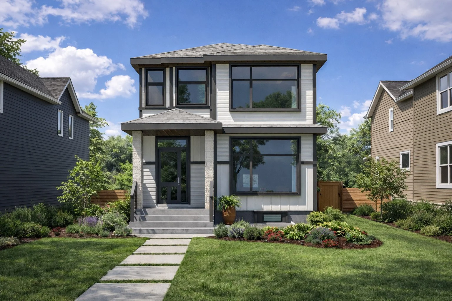 Modern two-story house with large windows, front porch, and landscaped lawn under a blue sky with clouds.