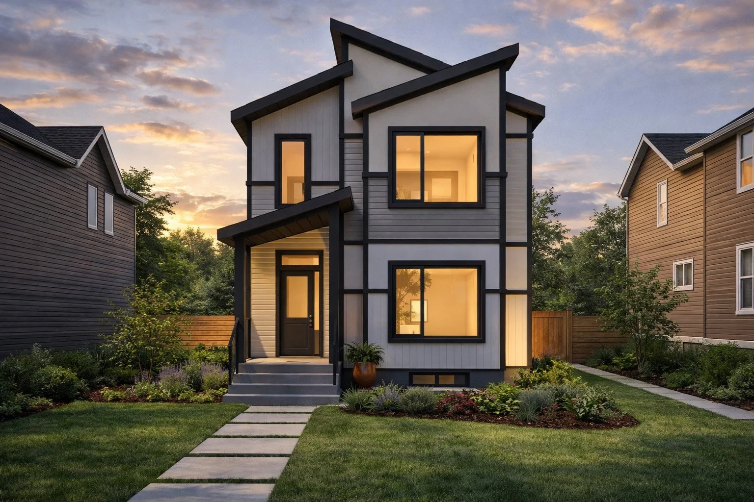 Modern two-story house with black trim and large windows, surrounded by a well-kept lawn and garden, during sunset.