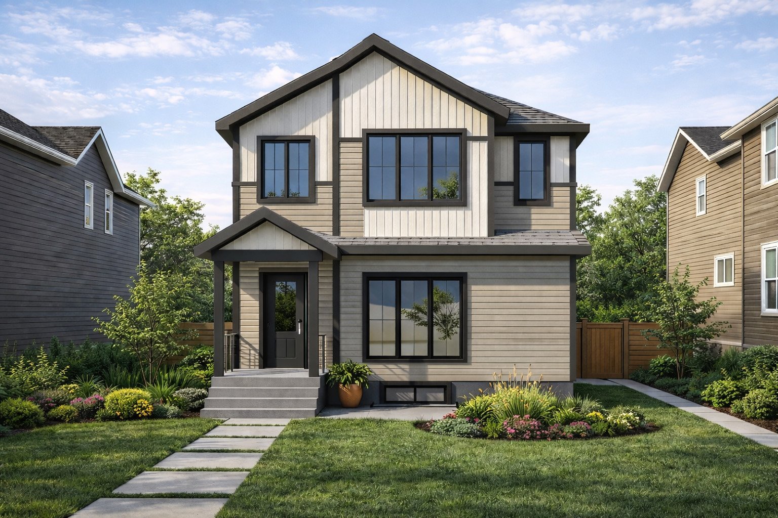 Front view of a modern two-story house with gray siding, black window frames, and a small front porch. The house has a well-maintained lawn, flower beds, and a concrete pathway leading to the front steps.