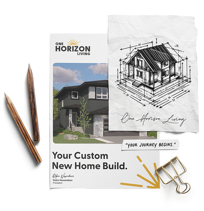 Promotional materials for One Horizon Living showing a modern house, architectural blueprint, pens, and a binder clip.