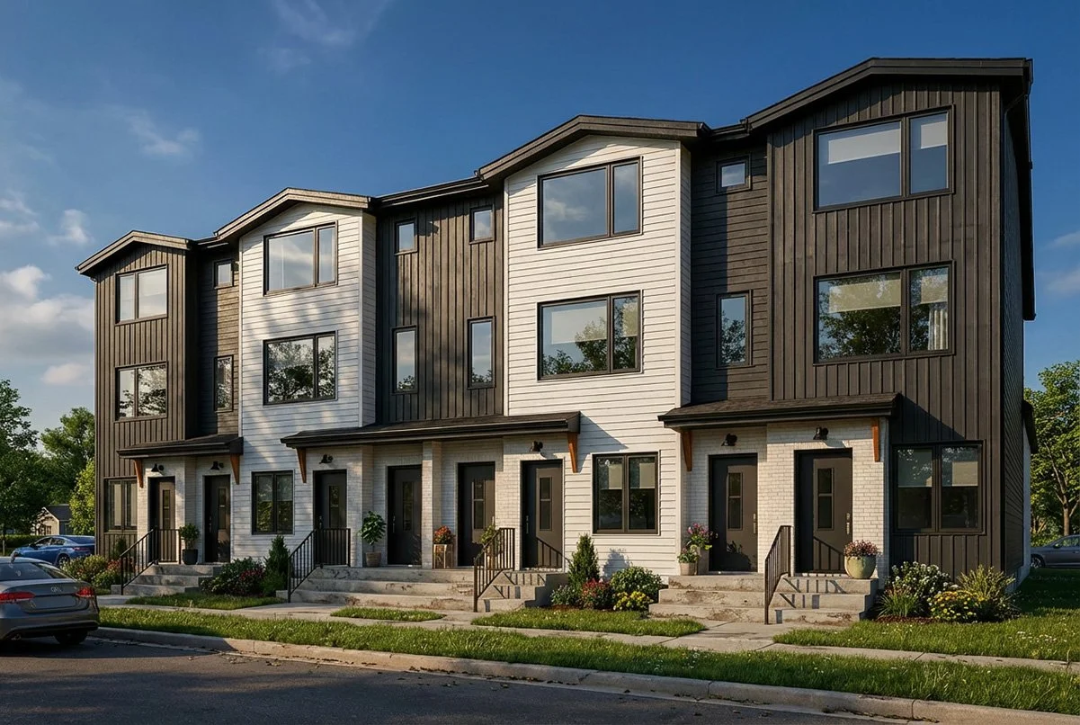 Modern multi-family residential building with black and white siding, front steps, and landscaping, under a blue sky.