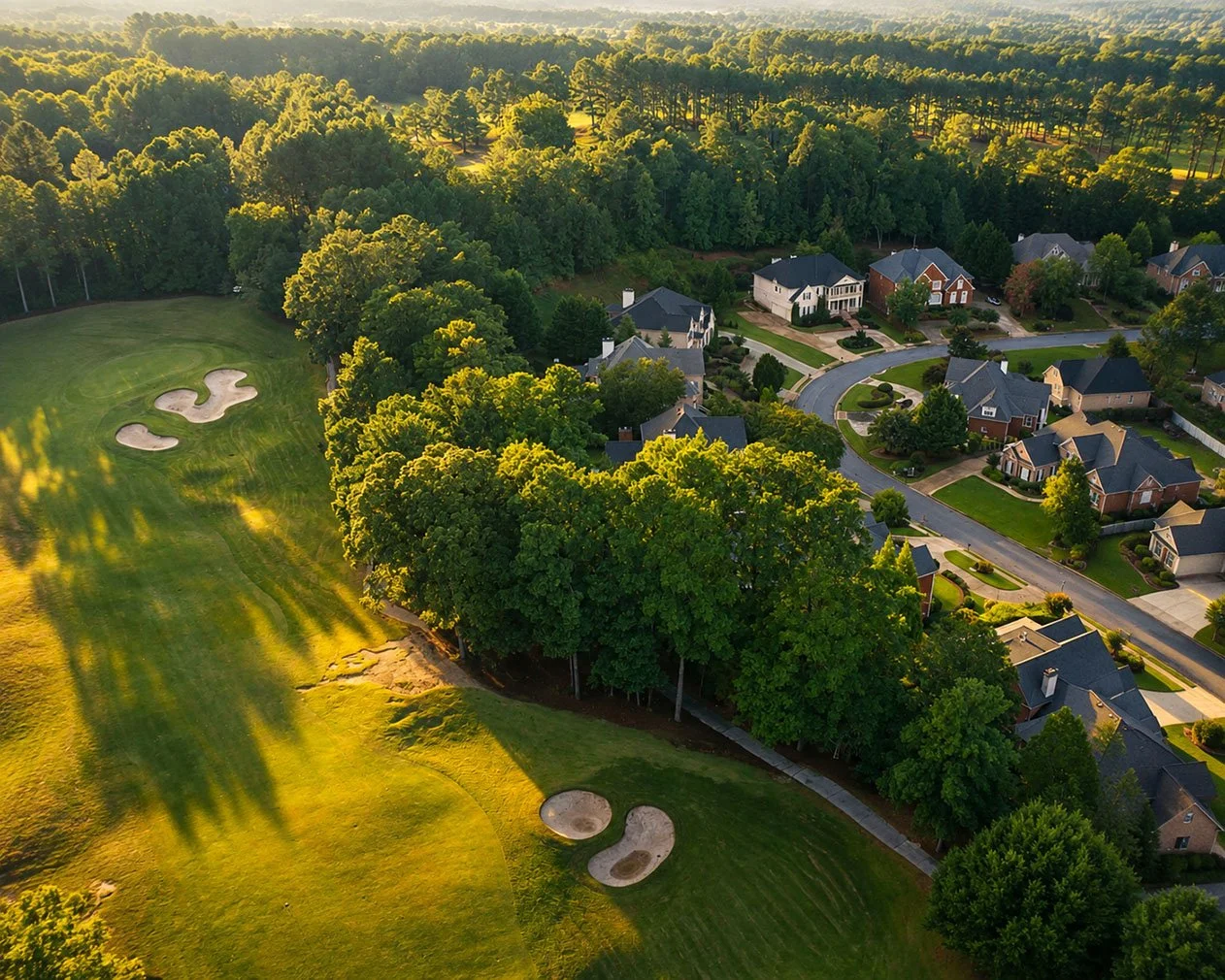 Aerial view of a suburban neighborhood adjacent to a golf course with sand bunkers, trees, and houses.