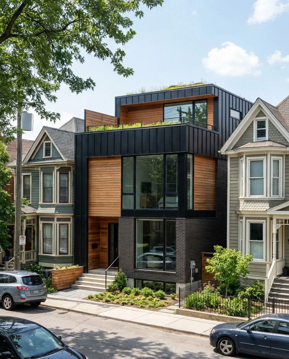 A modern multi-story house with black metal siding, wooden paneling, and large glass windows, situated between older Victorian-style houses on a tree-lined street.