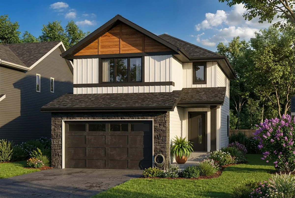 A modern two-story house with a black garage door, white siding, and wood accents on the upper level. The front yard has green grass, flowering bushes, and a potted plant near the entrance, under a partly cloudy sky.