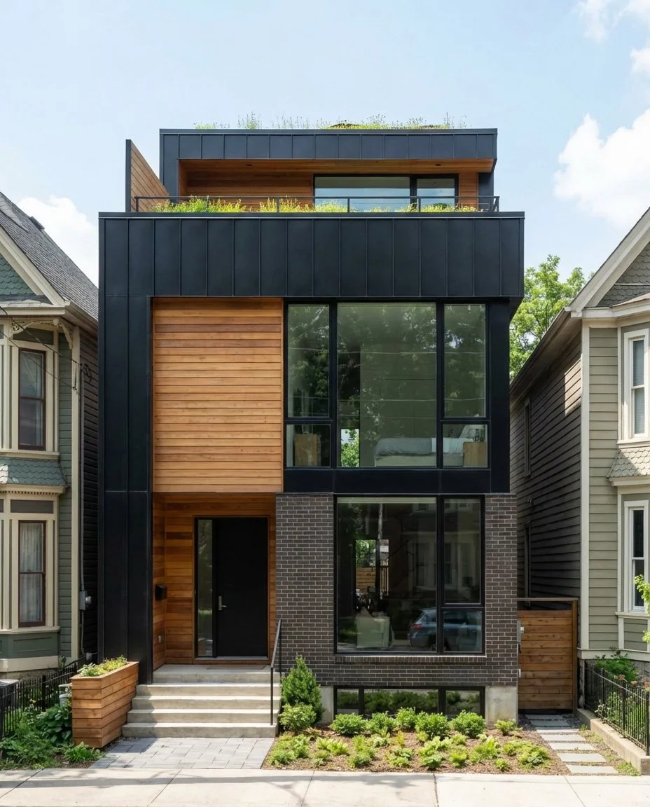 Modern three-story house with brick, wood, and black metal exterior, large glass windows, small front yard with bushes, and a paved walkway.