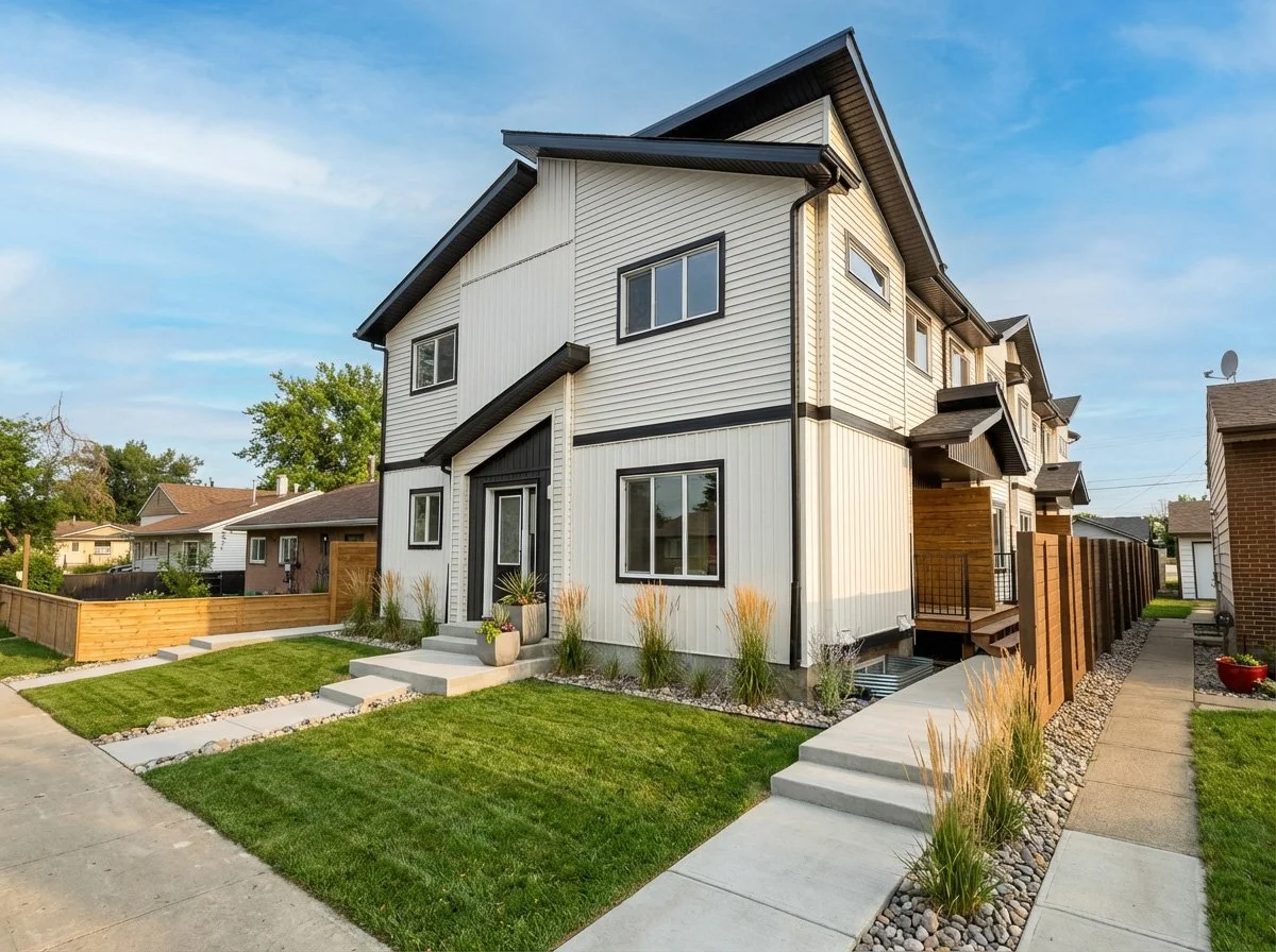 Modern multi-story house with white siding and black trim, small front yard with lawn and concrete steps, sidewalk, surrounding fences, and neighboring houses under a blue sky.