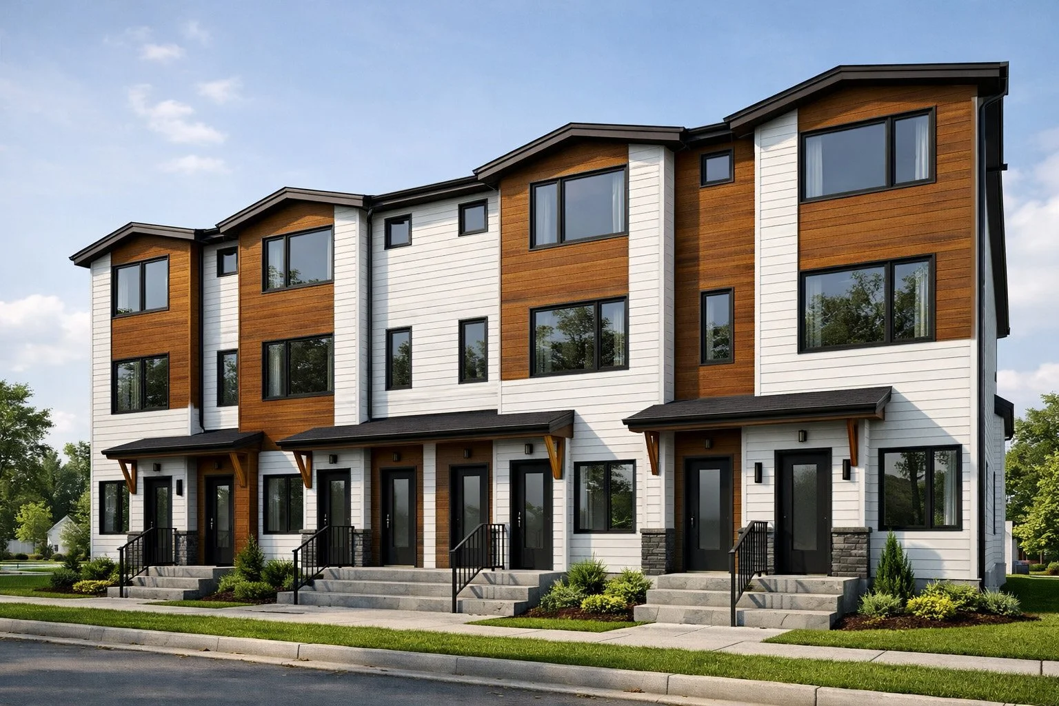 A modern multi-story residential building with white and brown exterior siding, black-framed windows, and individual entrances with steps and small porches, surrounded by a manicured lawn and trees.