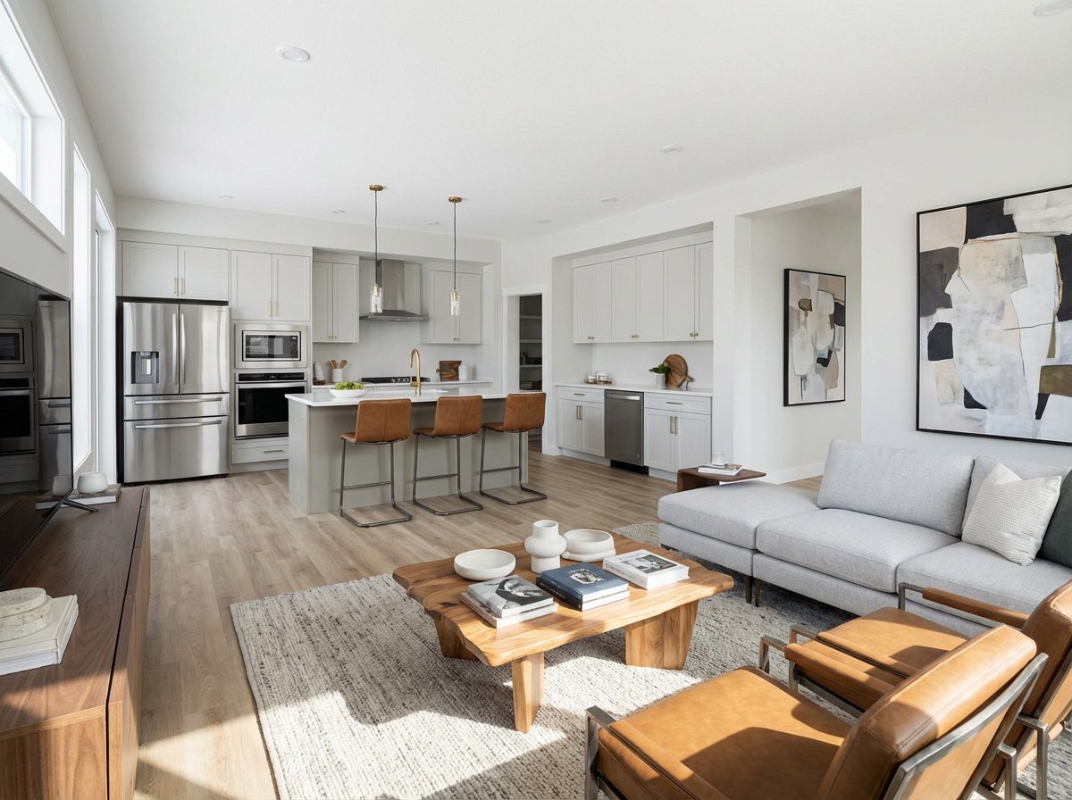 Open-concept living room and kitchen with white cabinetry, stainless steel appliances, a kitchen island with three brown leather bar stools, a modern white sofa, and abstract artwork on the walls.
