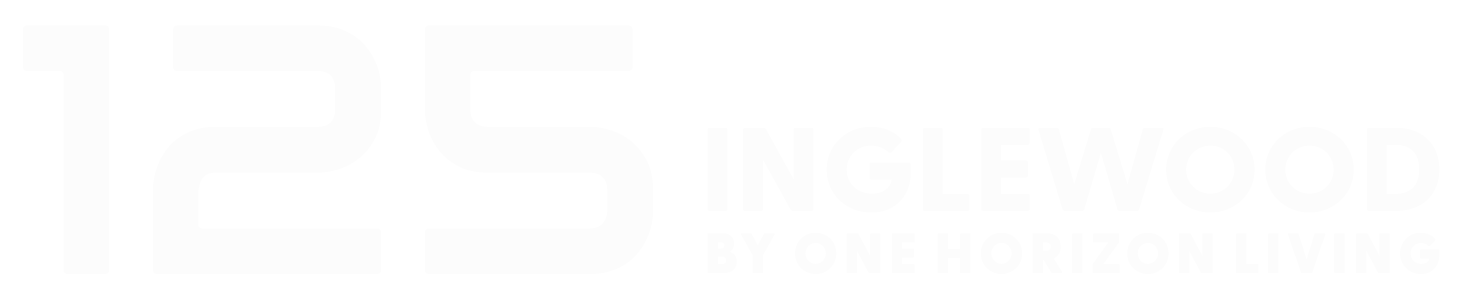 Logo for Inglewood by One Horizon Living, featuring the number 125 in large white font, with the words 'INGLEWOOD' and 'BY ONE HORIZON LIVING' below.