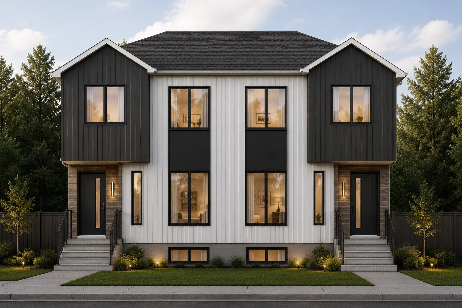 Two modern, identical townhouses with black and white exterior, brick accents, and large windows, situated in a residential neighborhood with landscaped front yard and driveway.