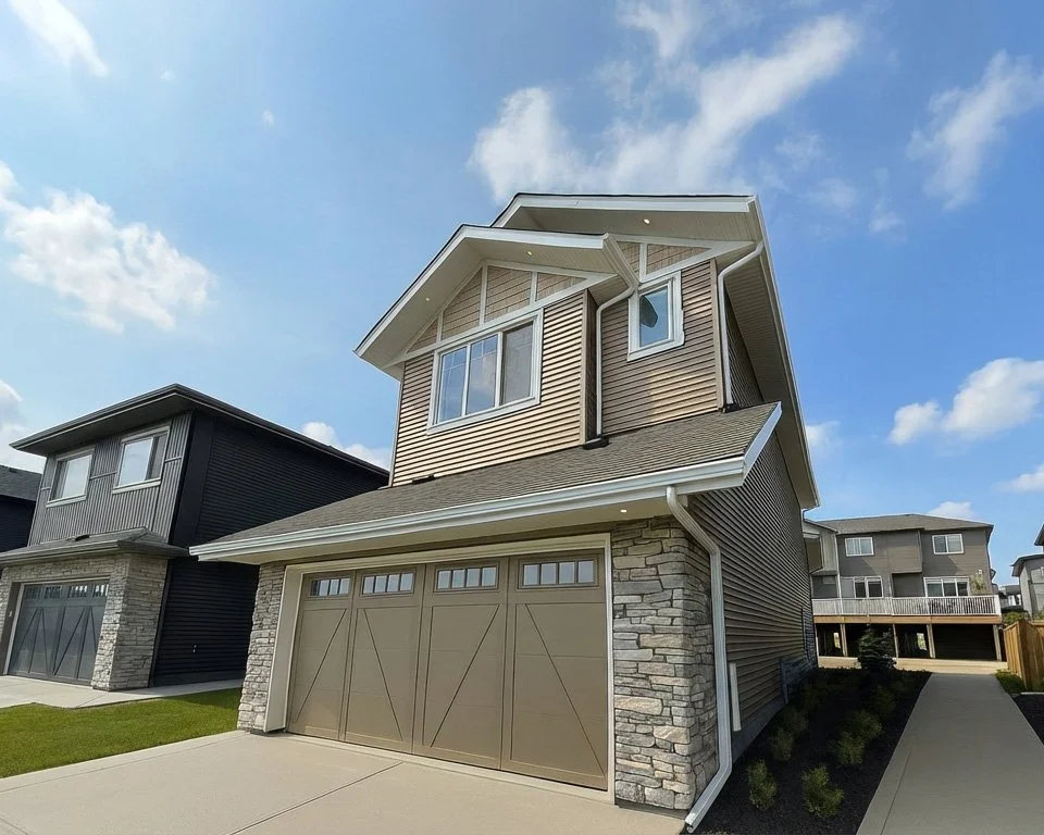 A modern two-story house with a beige garage door, stone accents, tan siding, and a prominent roof, situated under a partly cloudy sky.