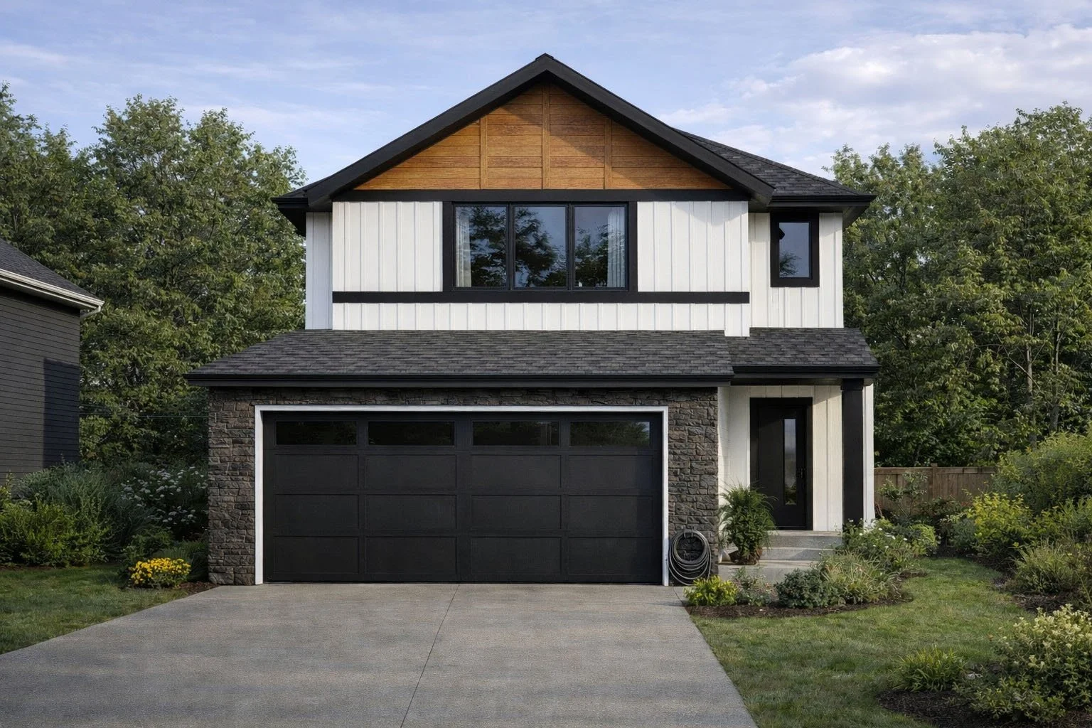Modern two-story house with dark garage door, black trim, and mixed siding of white vertical panels and natural wood on the upper level. The house has a sloped roof and a front yard with plants and a concrete driveway.