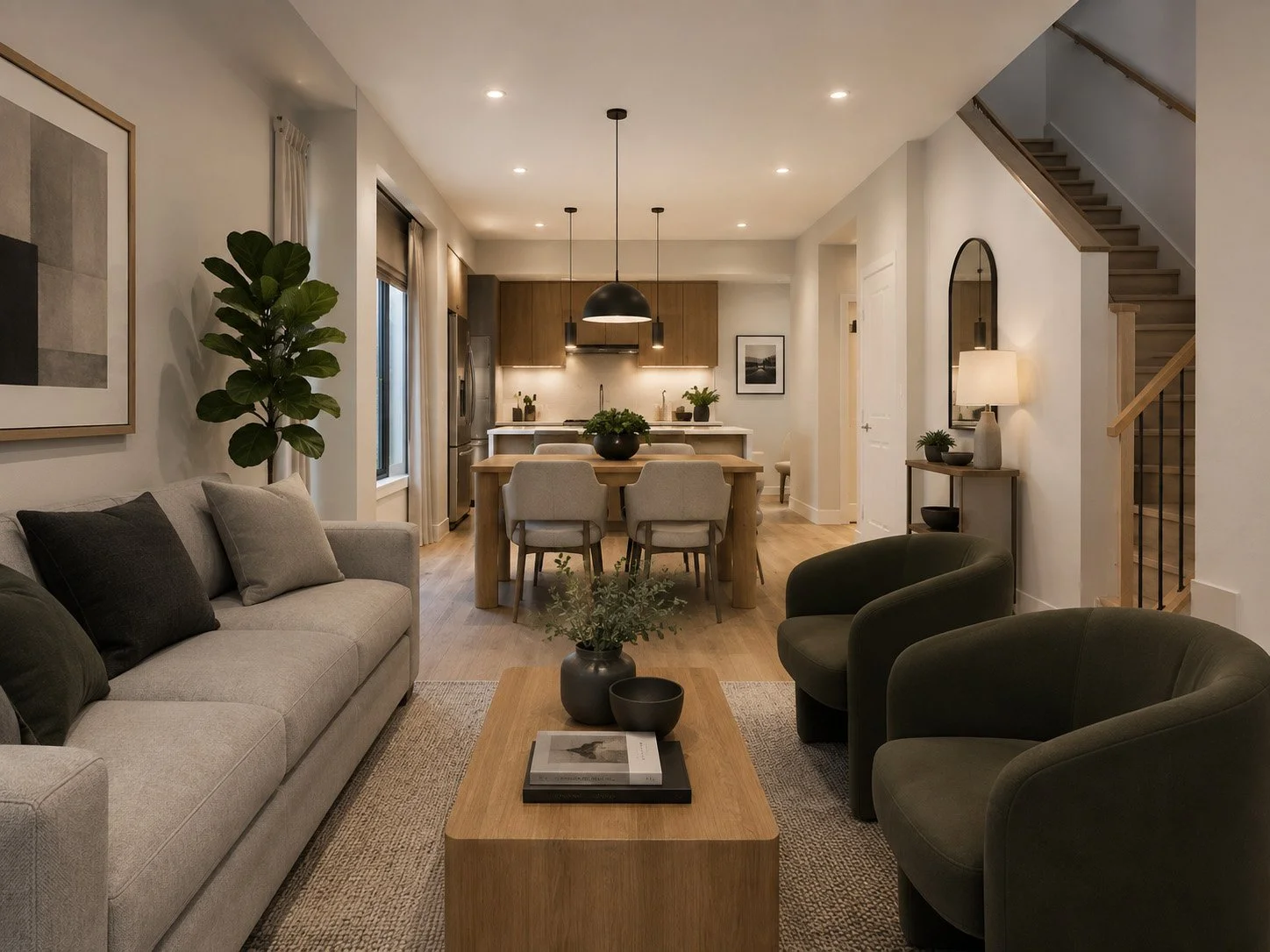 Living room with beige sofa, green armchairs, wooden coffee table, houseplants, and artwork; open kitchen with dining table, modern pendant lighting, and staircase in the background.