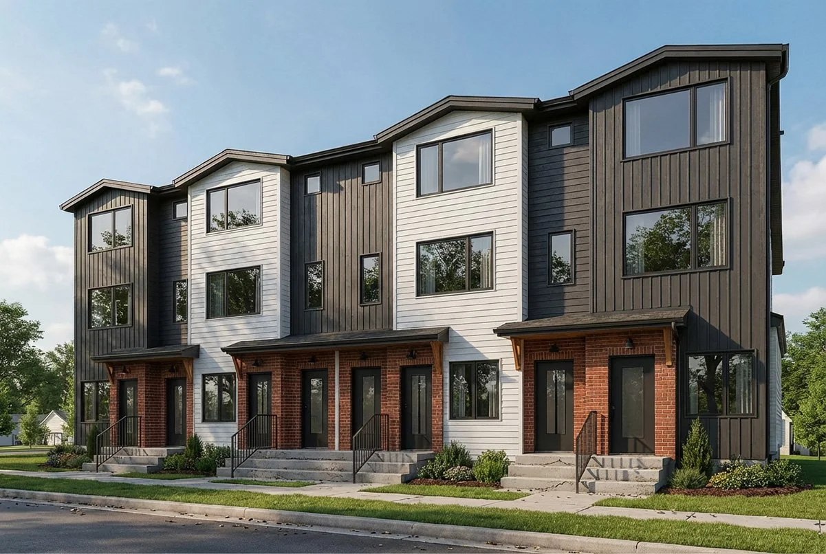 Three-story modern residential buildings with brick and wood siding, multiple windows, and small porches in a suburban neighborhood.