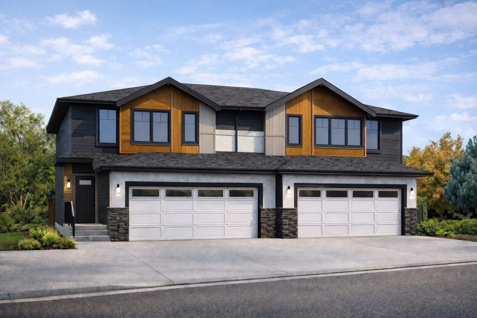 Modern two-story house with black, gray, and wooden exterior, two garages, and a small front porch, surrounded by greenery.