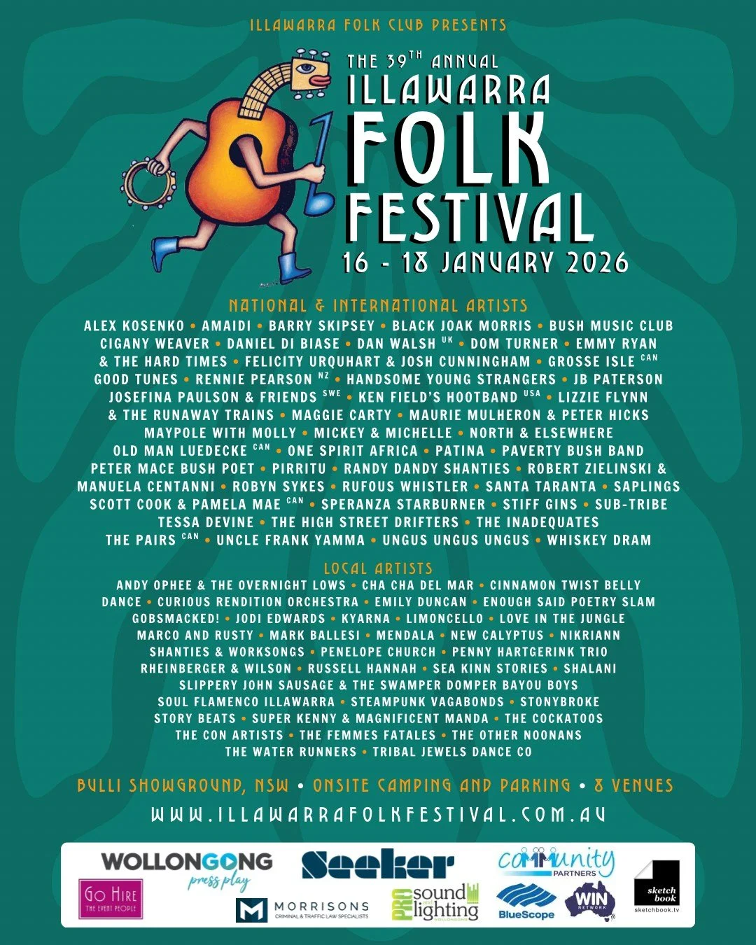 Peep the full artist lineup for the 2026 Illawarra Folk Festival! 🎉🎉🎉

See 80 acts over multiple stages at Bulli Showground on Dharawal Land, 16&ndash;18 January 2026.

Dance to the sounds of folk, indie, world, roots, bluegrass, Balkan and Celtic