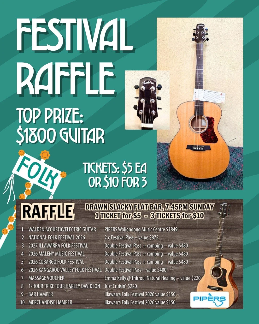 Don't forget to buy raffle tickets this weekend! Top prize is an $1800+ guitar provided by @piperswollongongmusic, and there are TWELVE prizes to win, including weekend tickets to this festival and others, vouchers to local businesses, hampers and me