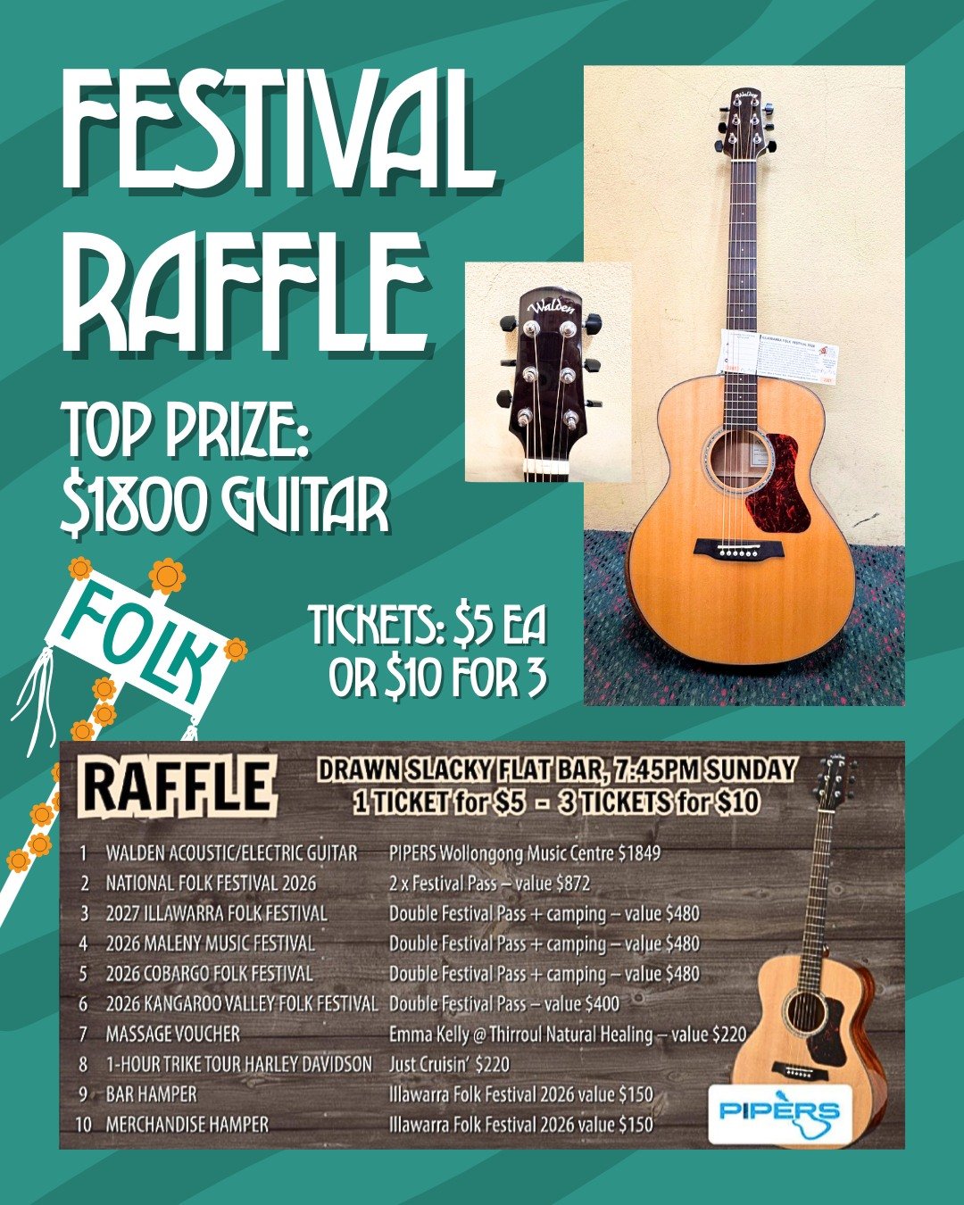 Don't forget to buy raffle tickets this weekend! Top prize is an $1800+ guitar provided by @piperswollongongmusic, and there are TWELVE prizes to win, including weekend tickets to this festival and others, vouchers to local businesses, hampers and me