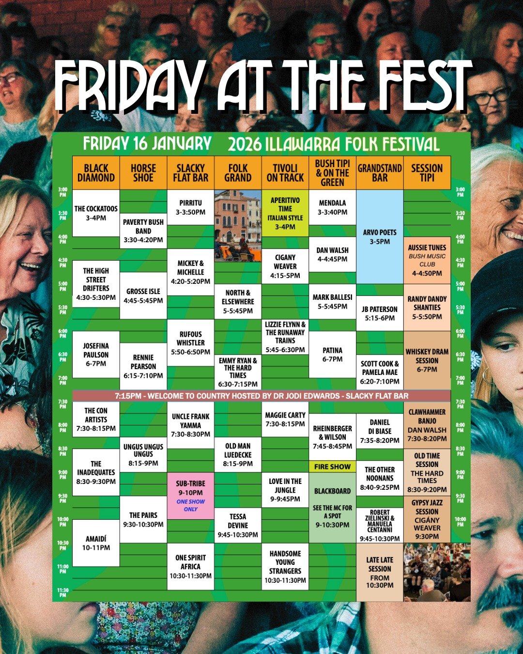 The 2026 Illawarra Folk Festival officially begins TONIGHT at the annual Charity Concert!

The first acts are about to kick off but if you're still having dinner, come in an hour and catch the next performances, and shake off the dust of the week!

T