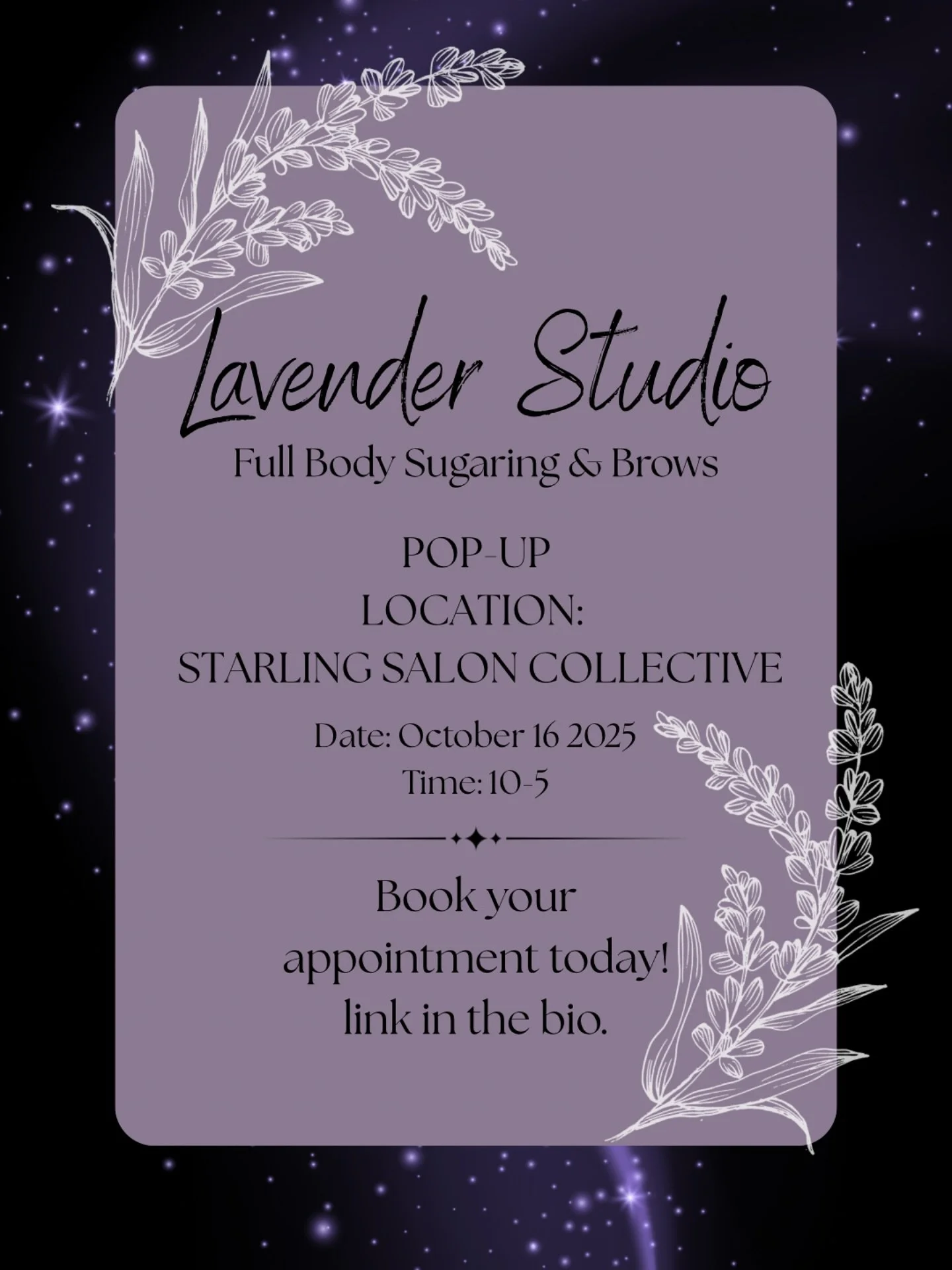 I am excited to announce that I will be doing a pop up at Starling Salon Collective on October 16th! 

Come on by and try the magic of Sugaring and see all the incredible benefits it offers for your skin. 

I will be there from 10-5pm taking appointm