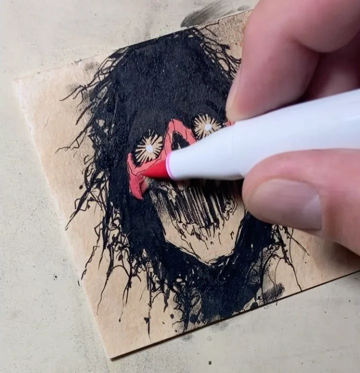 OCTOBER IS HERE and the &ldquo;100 Skulls&rdquo; project careens ever onward! Each 3&rdquo; x 3&rdquo;, each unique, one of a kind, and collectable! New ones dropping five times a week! $25 a pop&mdash; Cheap! 

&ldquo;17&rdquo;, ink and marker on co