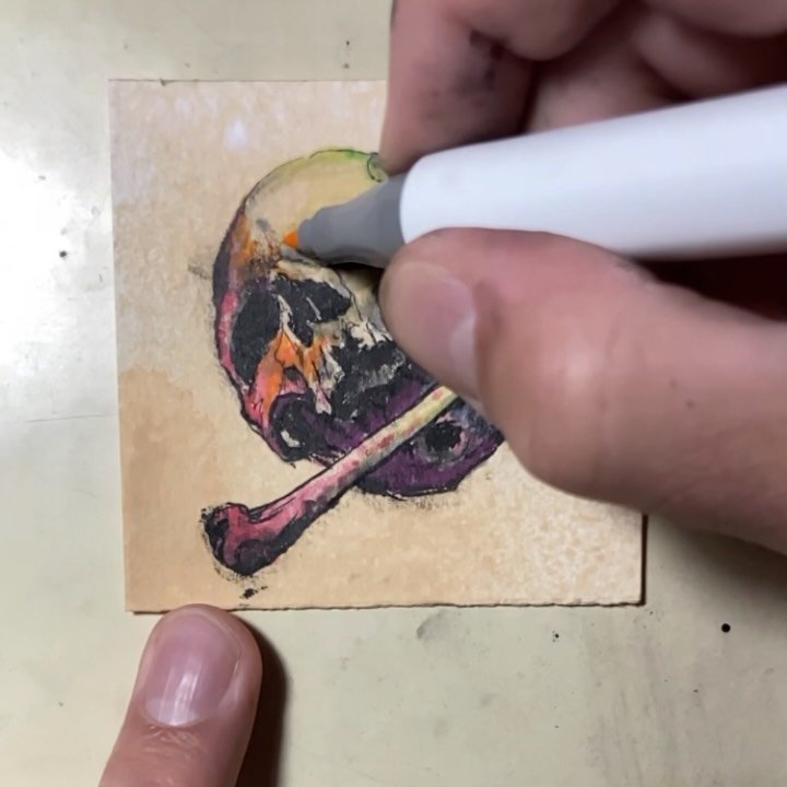 The &ldquo;100 Skulls&rdquo; project careens ever onward! Each 3&rdquo; x 3&rdquo;, each unique, one of a kind, and collectable! New ones dropping five times a week! $25 a pop&mdash; Cheap! 

&ldquo;18&rdquo;, ink and marker on cold-pressed acid-free