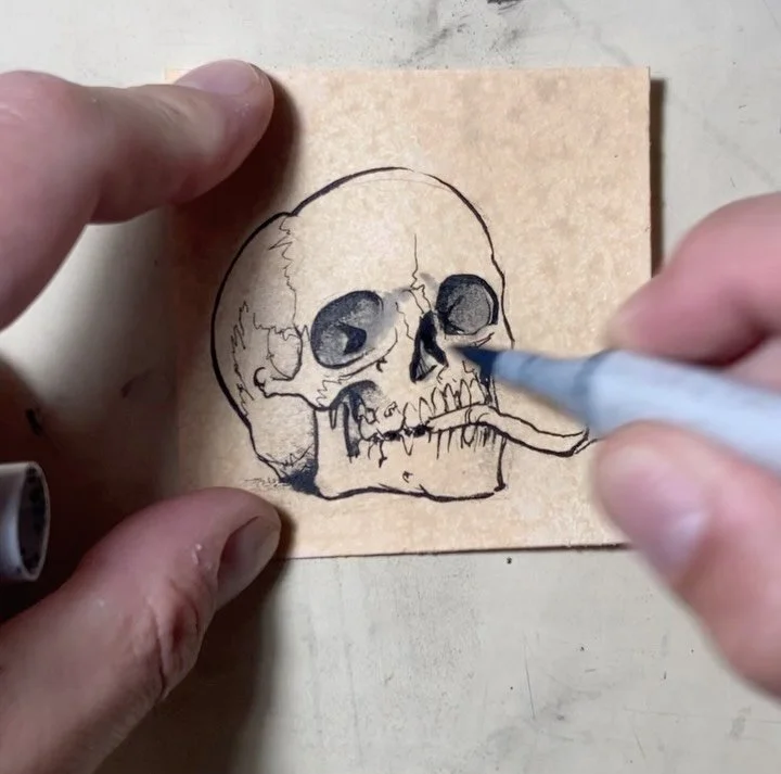 1/5 of the way through the &ldquo;100 Skulls&rdquo; project and I&rsquo;m finally feeling warmed up! Each 3&rdquo; x 3&rdquo;, each unique, one of a kind, and collectable! New ones dropping five times a week! $25 a pop&mdash; Cheap! 

&ldquo;20&rdquo