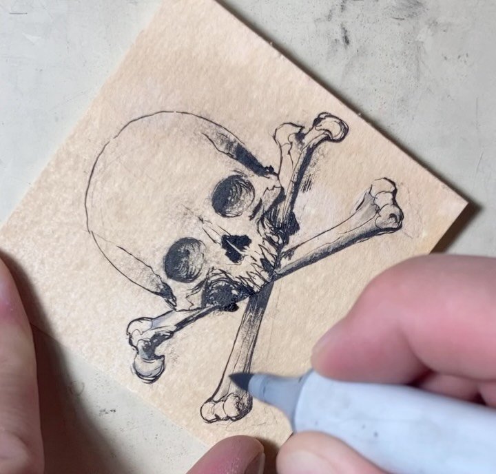 The &ldquo;100 Skulls&rdquo; project forges ever onward! Each 3&rdquo; x 3&rdquo;, each unique, one of a kind, and collectable! New ones dropping five times a week! $25 a pop&mdash; Cheap! 

&ldquo;22&rdquo;, ink and marker on cold-pressed acid-free 