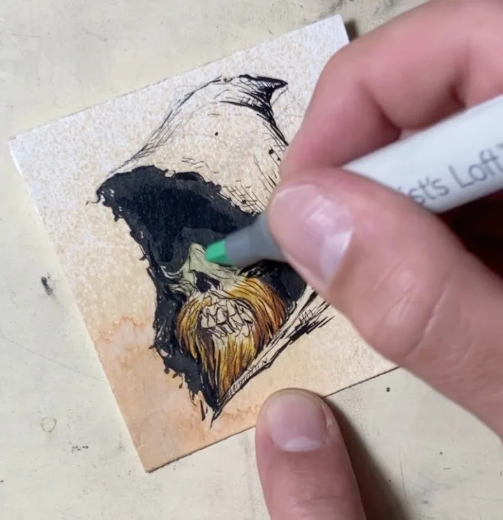 I&rsquo;m drawing 100 skulls! I drew this one while watching the movie &ldquo;La Noche Del Terror Ciego&rdquo;(&ldquo;Tombs of the Blind Dead&rdquo;), could you tell? 

&ldquo;23&rdquo;, ink and marker on cold-pressed acid-free 140 lb watercolor pape