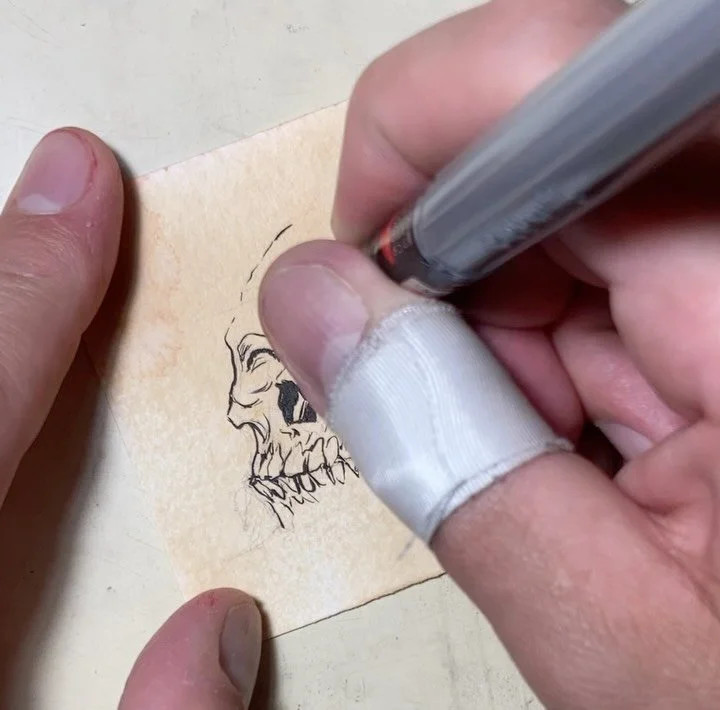 100 Skulls! Each 3&rdquo; x 3&rdquo;, each unique, one of a kind, and collectable! New ones dropping five times a week! $25 a pop&mdash; Cheap! 

&ldquo;24&rdquo;, ink and marker on cold-pressed acid-free 140 lb watercolor paper, 3&rdquo; x 3&rdquo;,