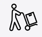 Stick figure pushing a dolly with a box on it