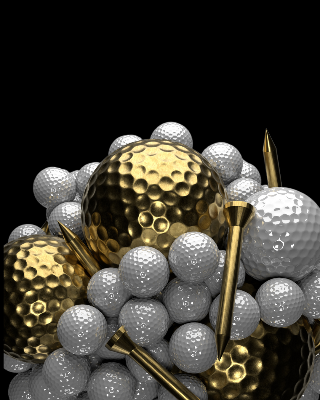 Pile of white and gold golf balls with gold tees against a black background.
