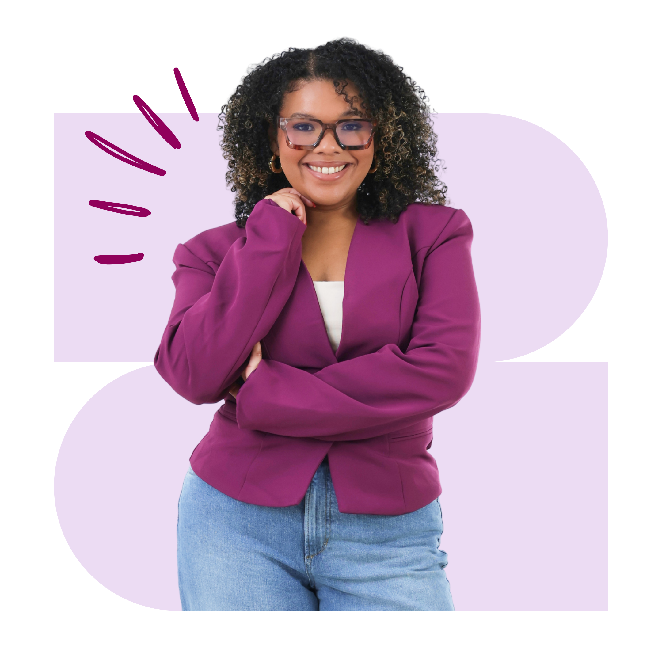 A woman with curly hair wearing glasses, a purple blazer, and a white shirt, smiling and standing against a light purple background with purple scribbles.