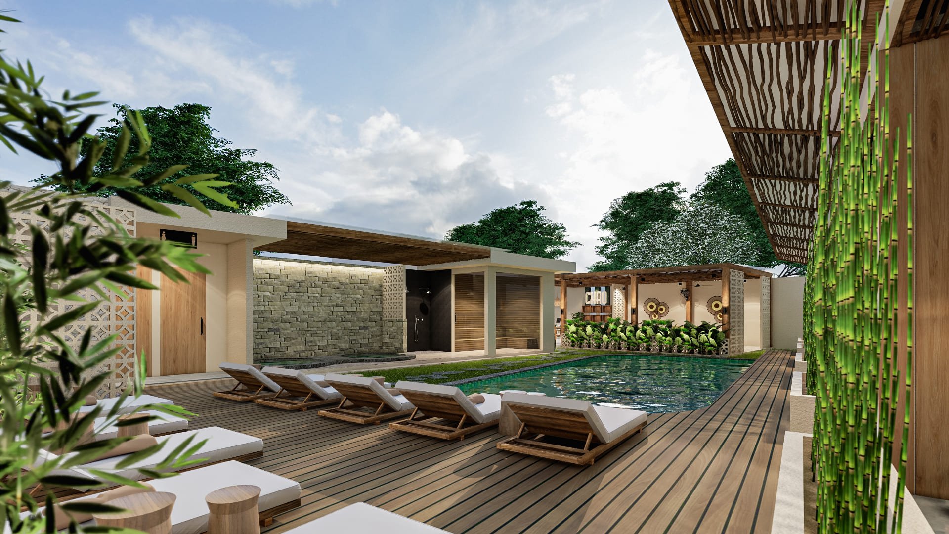 Modern outdoor pool area with wooden decking, lounge chairs, bamboo plants, and a canopy overhang, surrounded by lush greenery.
