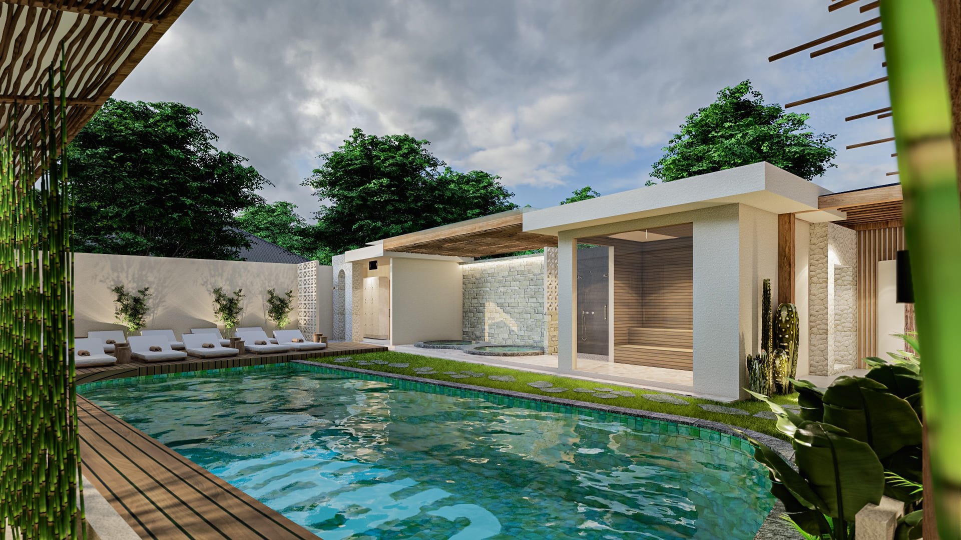 Modern outdoor pool area with lounge chairs, greenery, and a building featuring large windows, under cloudy skies.