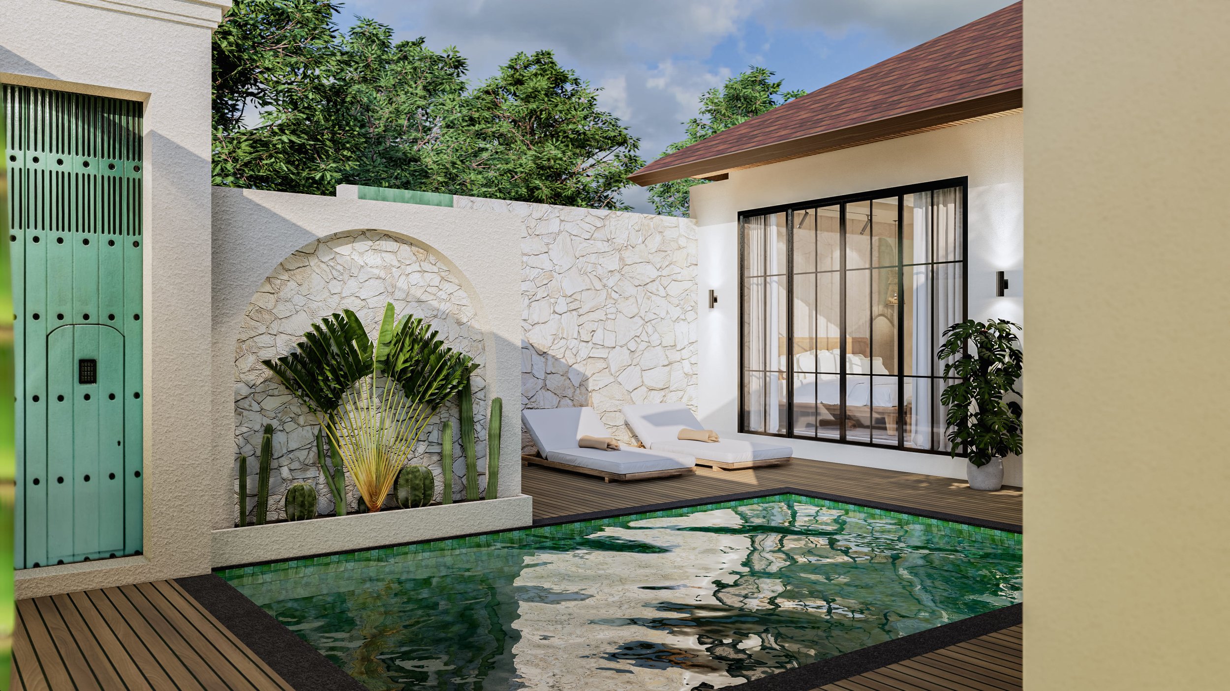 Outdoor pool area with wooden deck, two lounge chairs, potted plants, and a stone wall with greenery.