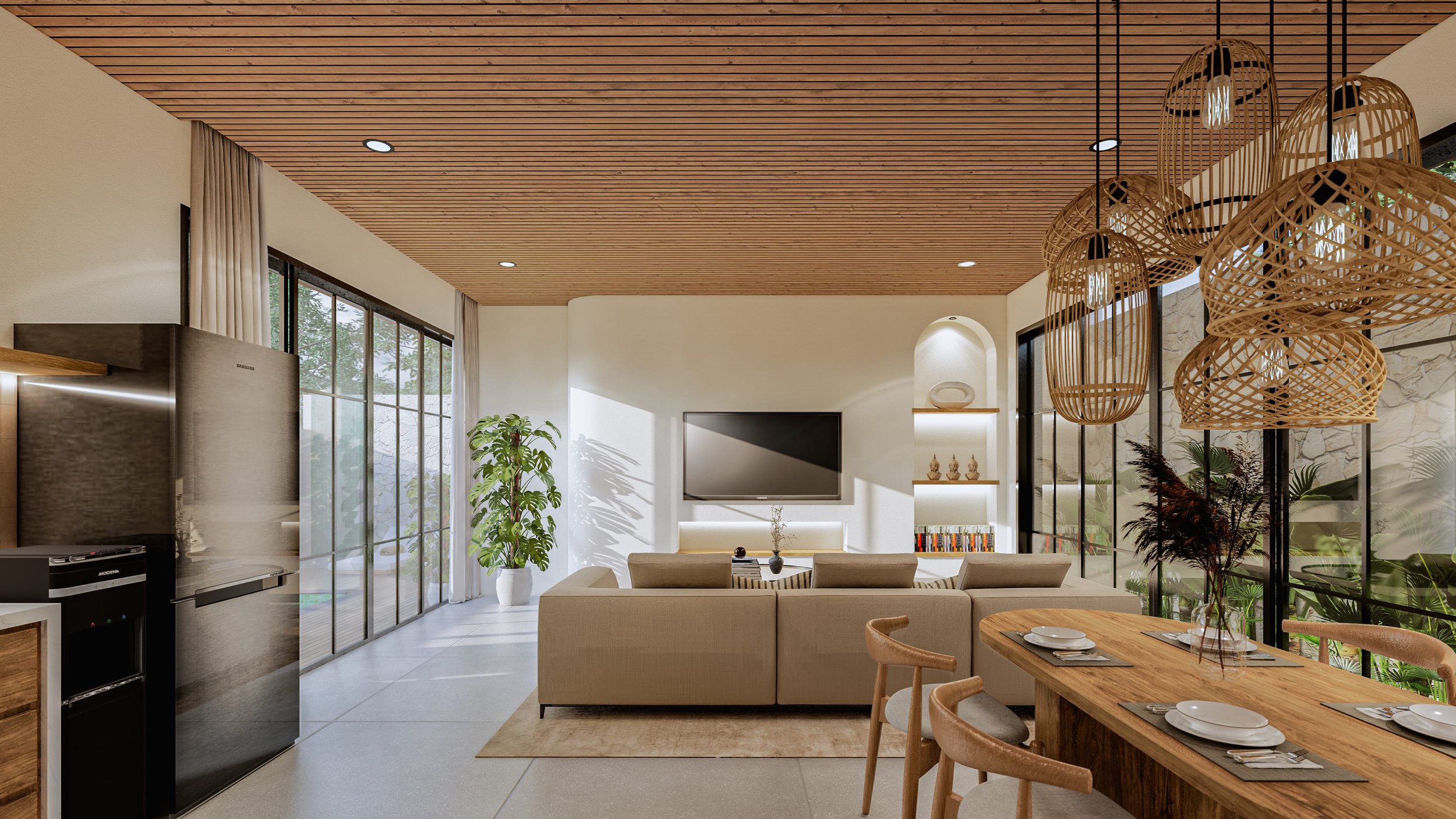 Modern living room and dining area with wooden ceiling, beige sofa, wall-mounted TV, indoor plants, wicker pendant lights, and a wooden dining table set with plates and glasses.