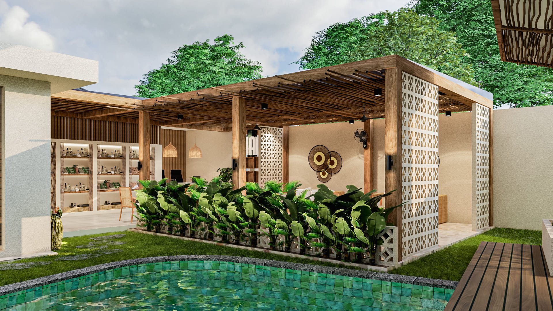Outdoor patio with a wooden pergola, green plants, and a seating area beside a swimming pool.