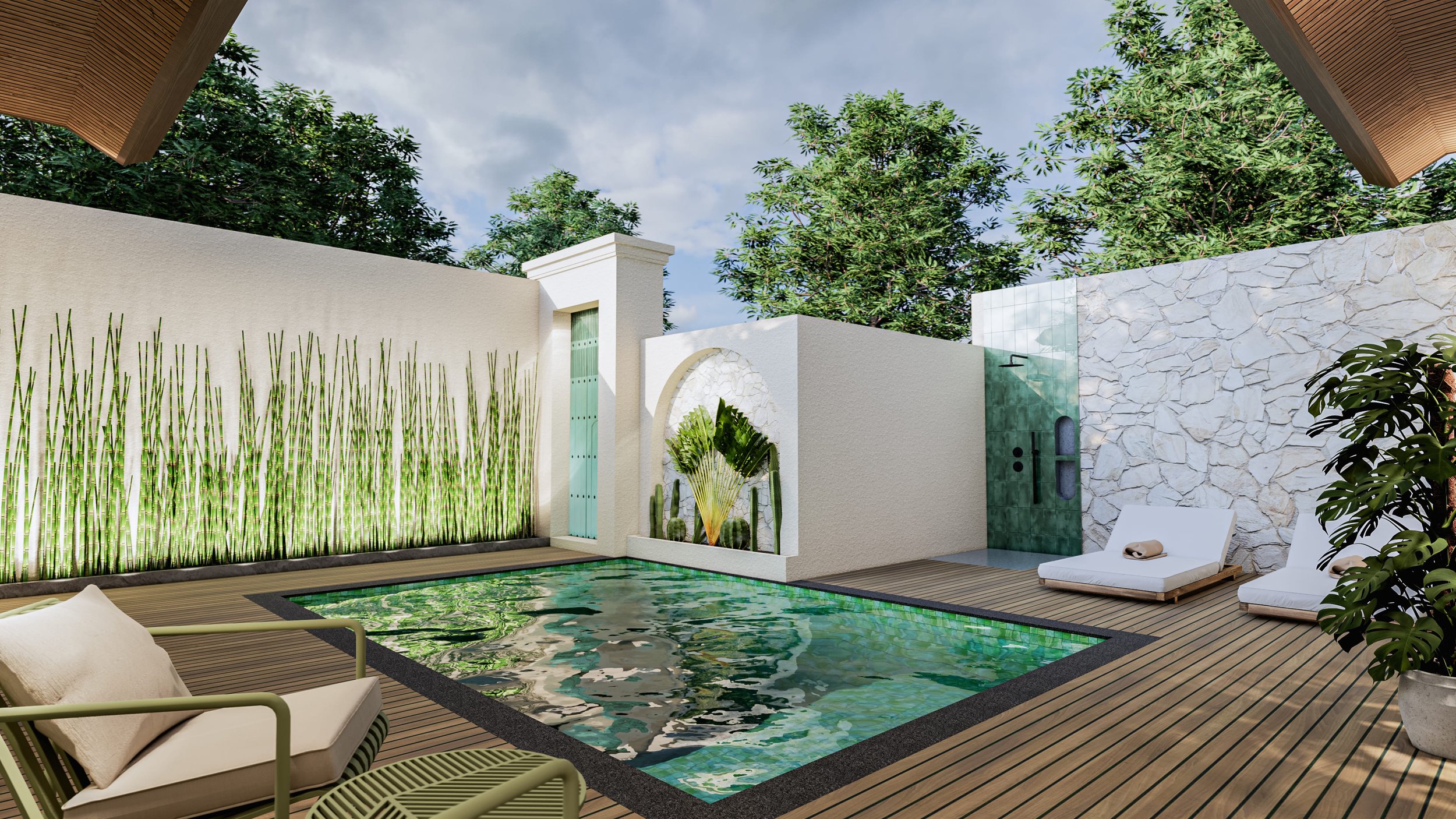 Modern outdoor patio with a small swimming pool, deck chairs, bamboo plants, stone wall, and greenery. Elegant and tranquil design.