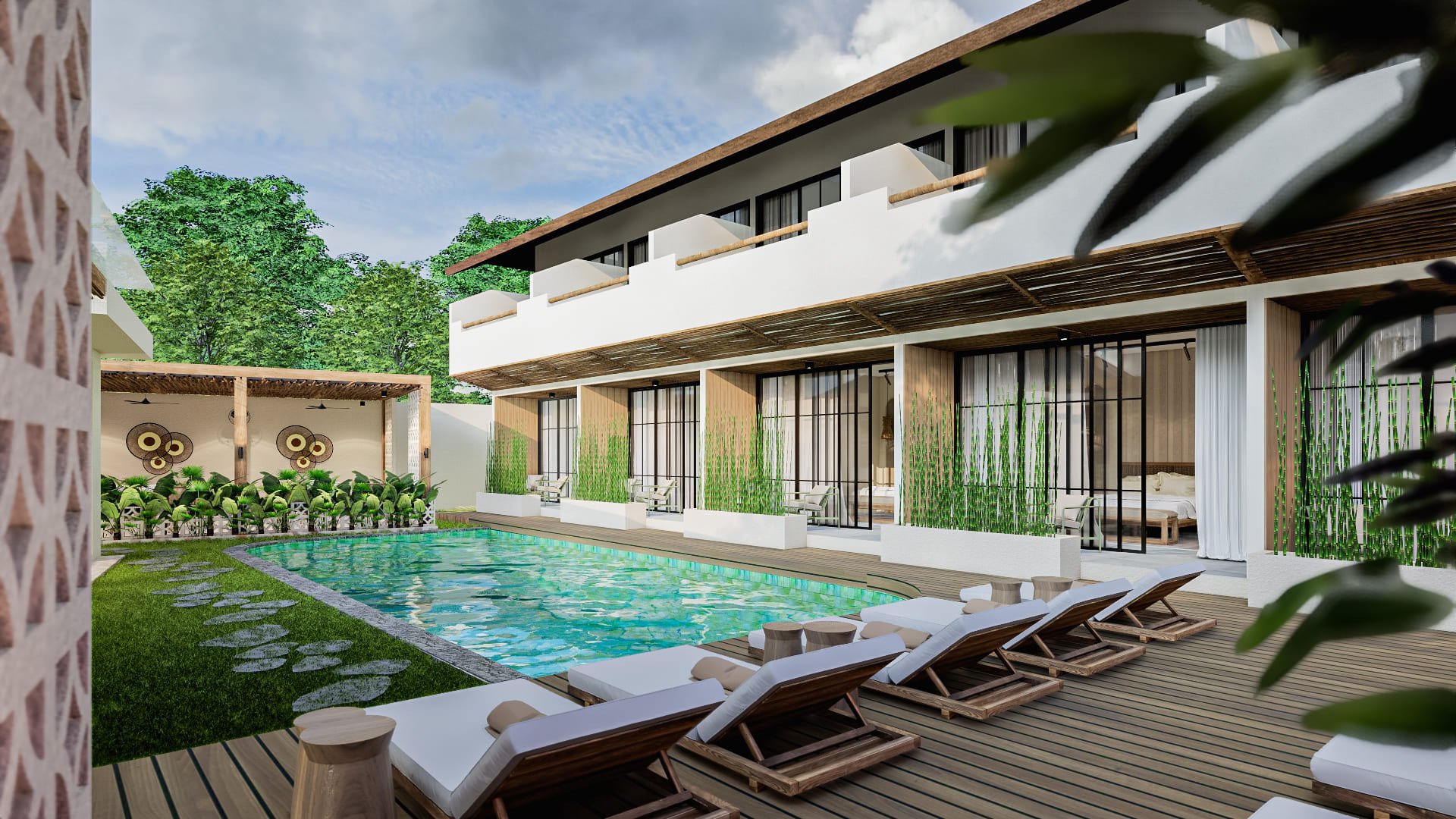 Modern luxury villa with an outdoor swimming pool, surrounded by greenery, lounge chairs, and adjacent rooms with large glass doors.