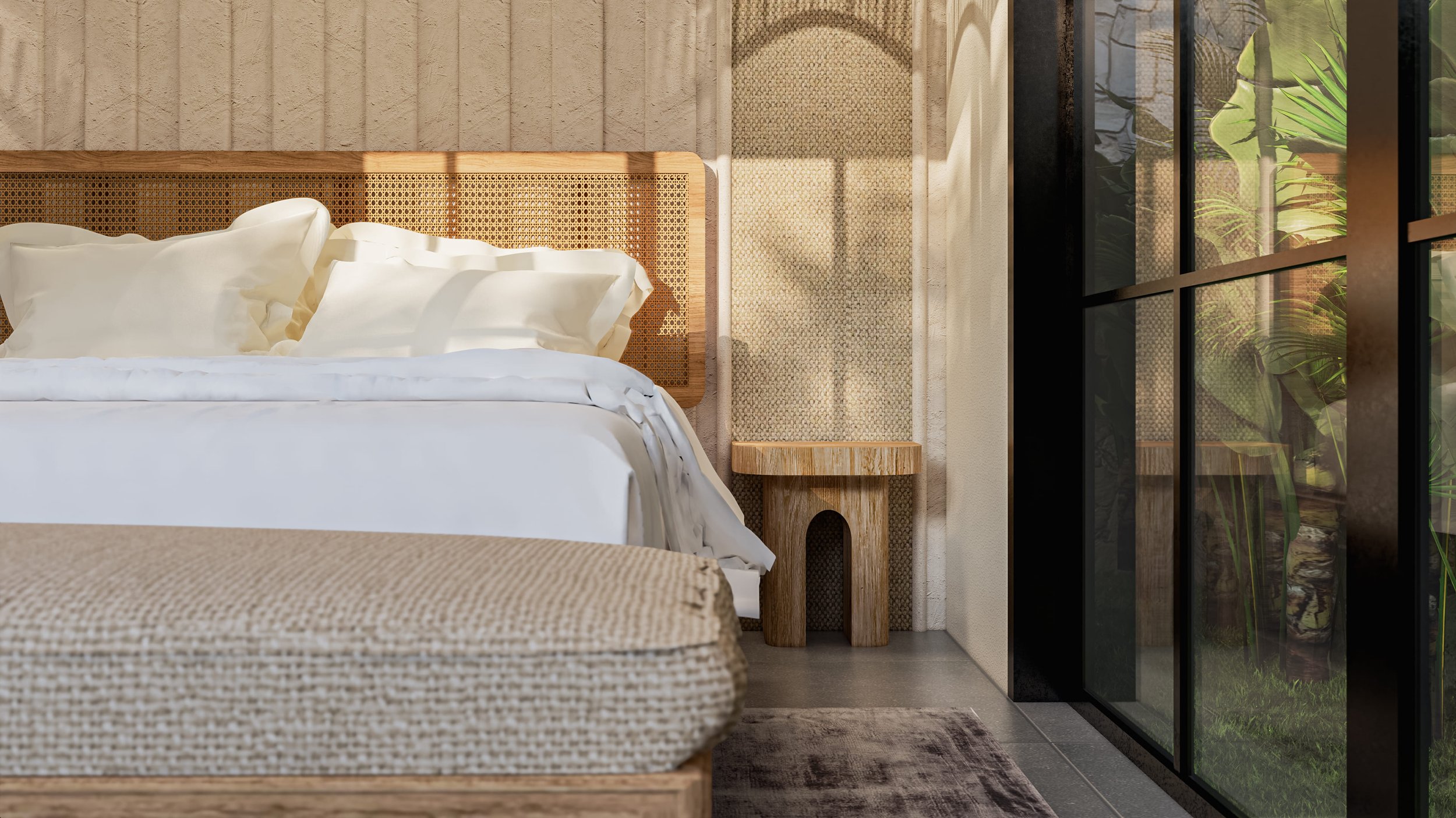 Cozy bedroom interior with wooden bed, white bedding, nightstand, and large window overlooking greenery.