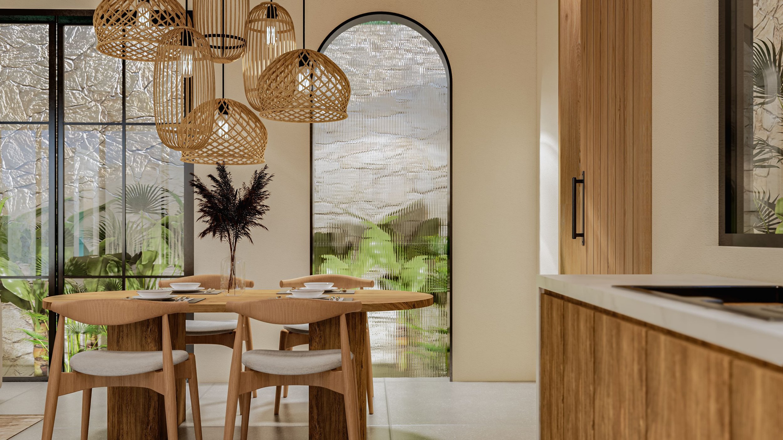 Modern dining area with wooden table and chairs, wicker pendant lights, textured glass windows, and plants outside, showcasing a natural and minimalist design.