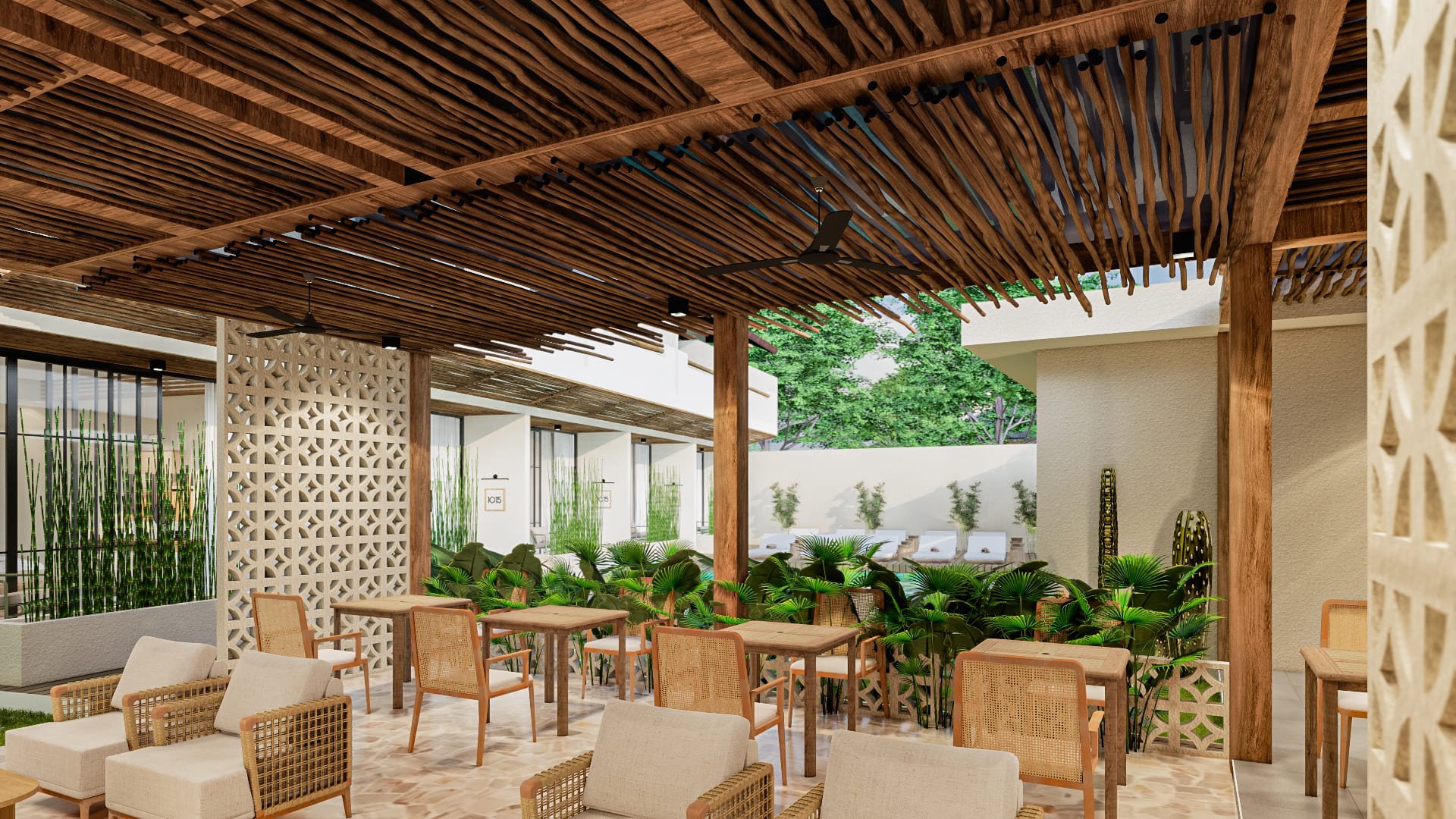 Outdoor patio with wooden furniture, a slatted roof, lush plants, and seating arrangements. Features neutral-colored decor and a partial view of a pool.