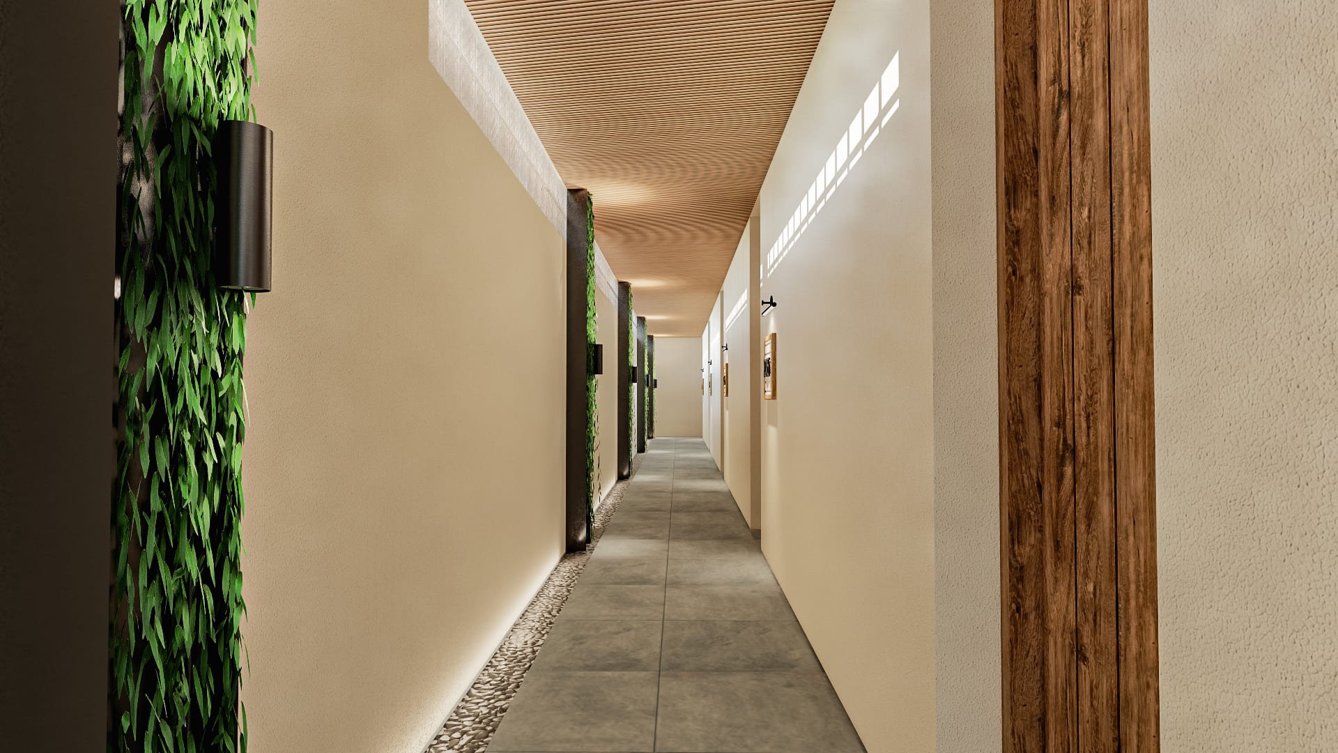 Modern interior corridor with beige walls, ceiling, and tiled floor. A green vertical plant wall adds a natural touch. Soft lighting creates a warm ambiance, while wooden accents provide contrast.